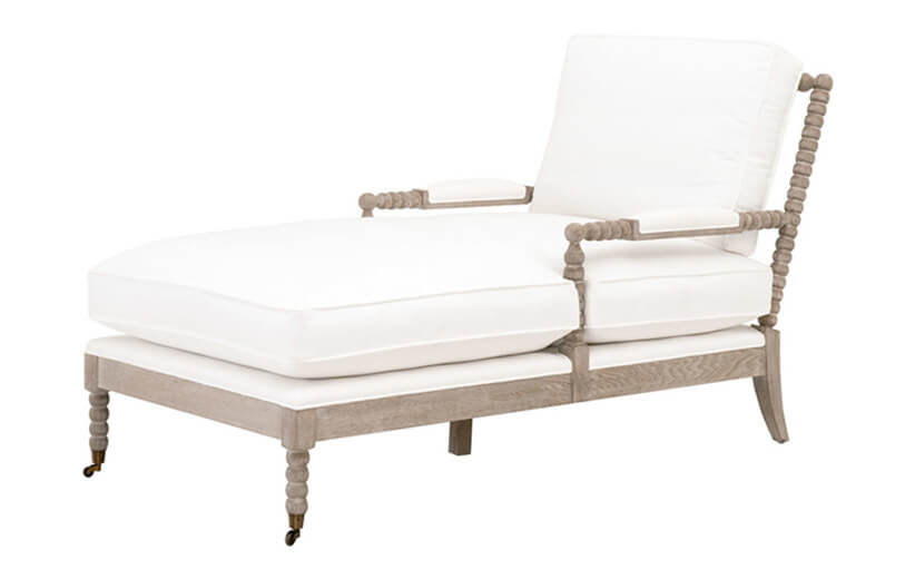 Rouleau Chaise Lounge White upholstered chaise with wood arms and legs